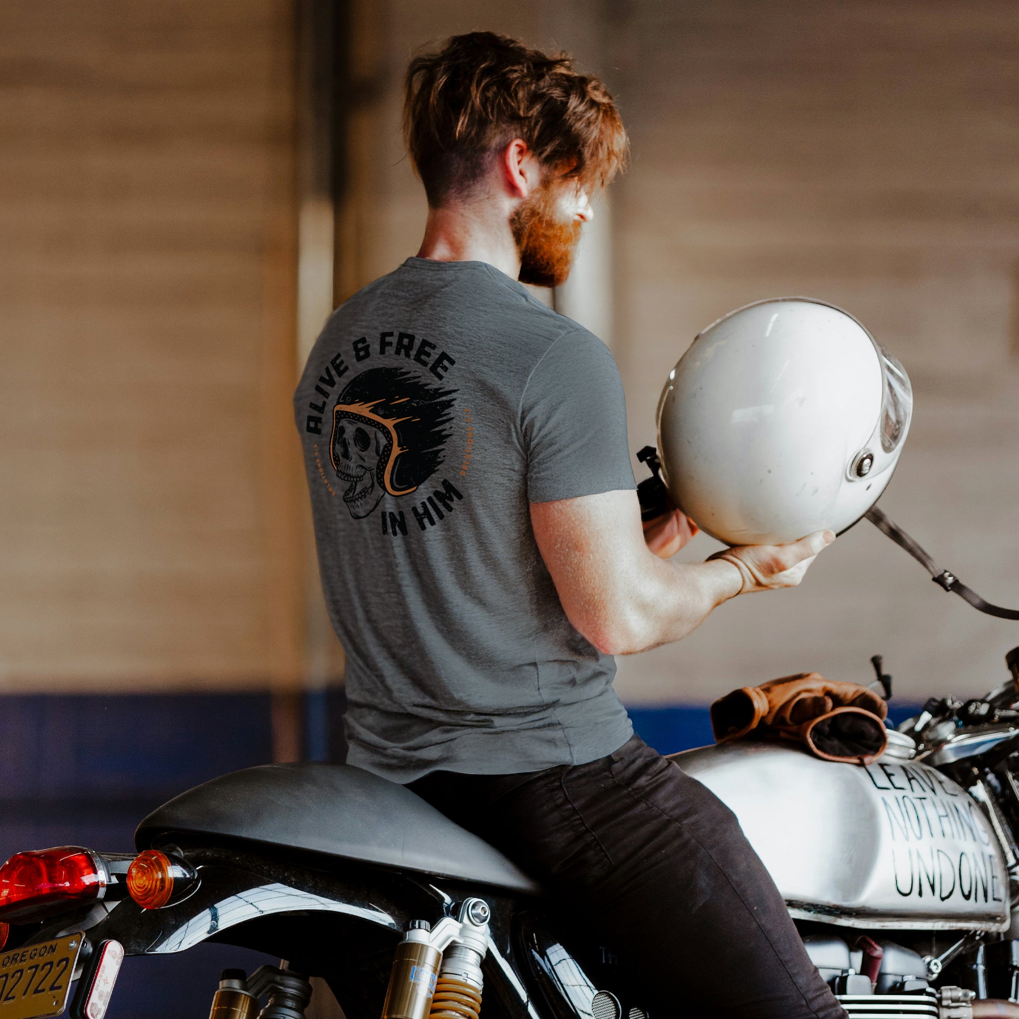 Close-up of Dove at Dawn Alive & Free in Him T-shirt featuring a bold graphic design and comfortable fit.