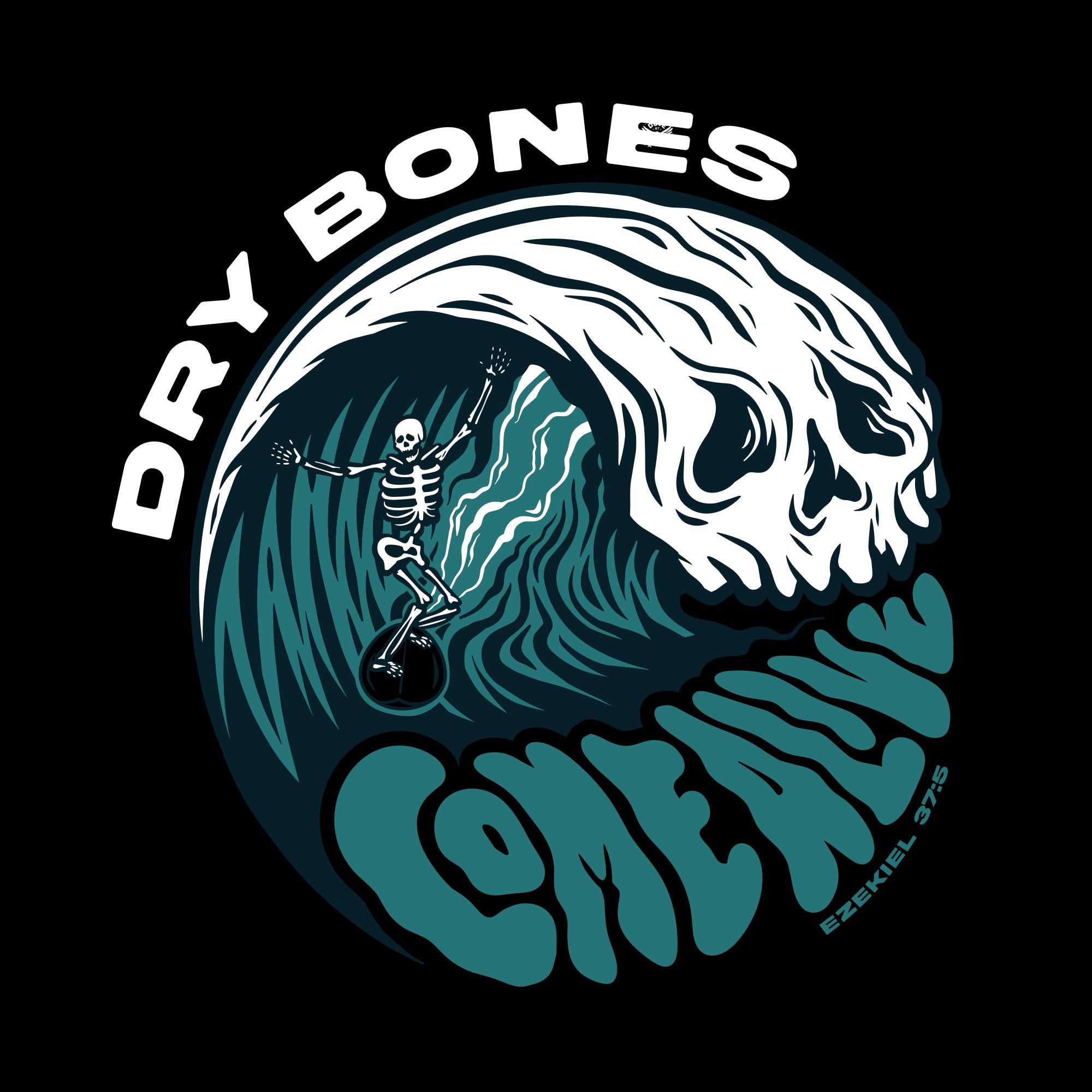 Close-up of Dove at Dawn Dry Bones Come Alive T-shirt featuring a detailed skeletal design on soft fabric.